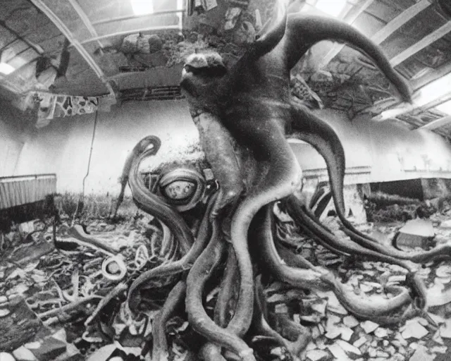 Image similar to camera footage of a extremely aggressive Giant mutated Octopus with glowing white eyes, Human Features, Teeth, in an abandoned shopping mall, Psychic Mind flayer, Terrifying, Silhouette :7 , high exposure, dark, monochrome, camera, grainy, CCTV, security camera footage, timestamp, zoomed in, Feral, fish-eye lens, Fast, Radiation Mutated, Nightmare Fuel, Wolf, Evil, Bite, Motion Blur, horrifying, lunging at camera :4 bloody dead body, blood on floors, windows and walls :5