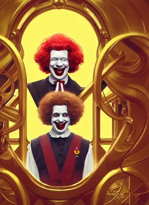 Prompt: close up portrait of ronald mcdonald, yellow jumper with white collar, chicken mcnuggets throne room by artgerm, cushart krenz, greg rutkowski, mucha. art nouveau. gloomhaven, golden arches logo, pale colors, sharp edges. ultra clear detailed. 8 k. elegant, intricate, octane render