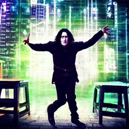 Image similar to Severus Snape dances hip hop in a bar, neon, realistic, full body, very detailed, super realistic, dramatic