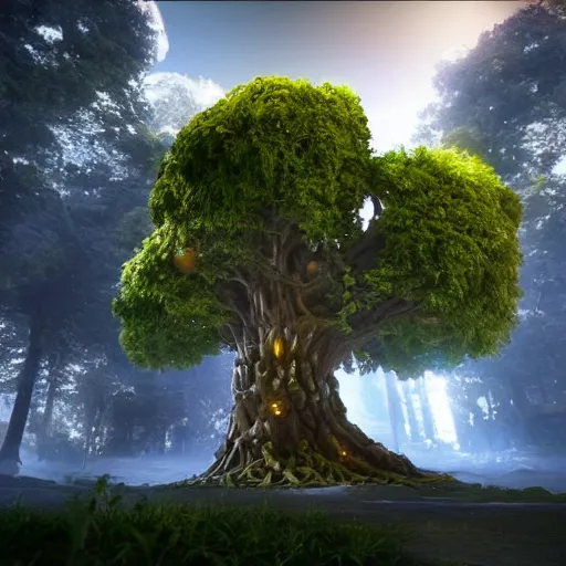 Image similar to yggdrasil the world tree, magical, light background, 8 k, unreal engine, octane render, hyperrealistic