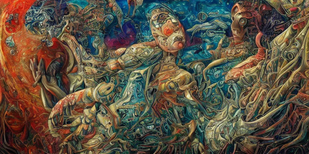 Prompt: a high detailed painting with many textures and of a humanoid psychedelic cyborg with a quantum spiritual awakening, surrealism, magical realism bizarre art