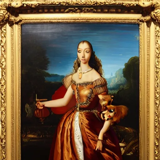 Image similar to nicki minaj walking a dachshund baroque oil painting