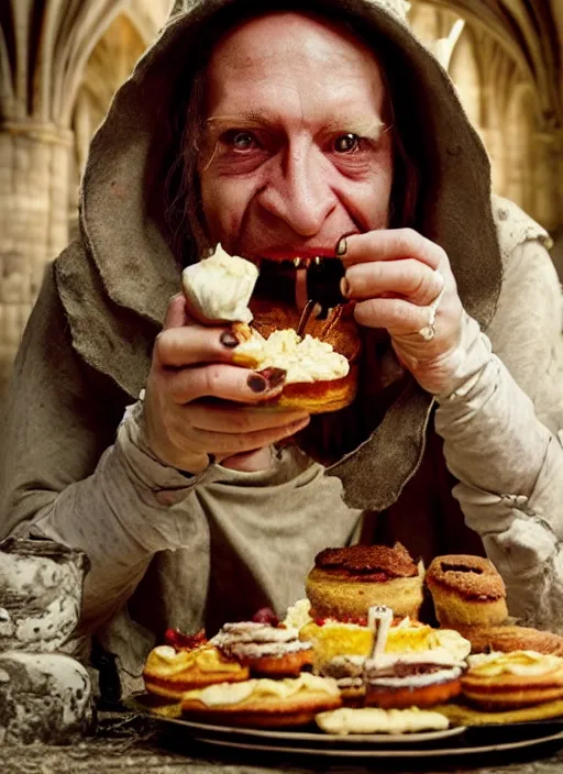 Prompt: closeup portrait of a medieval goblin eating cakes in the abbey, depth of field, zeiss lens, detailed, symmetrical, centered, fashion photoshoot, by annie leibovitz and steve mccurry, david lazar, jimmy nelsson, breathtaking, 8 k resolution, extremely detailed, beautiful, establishing shot, artistic, hyperrealistic, beautiful face, octane render