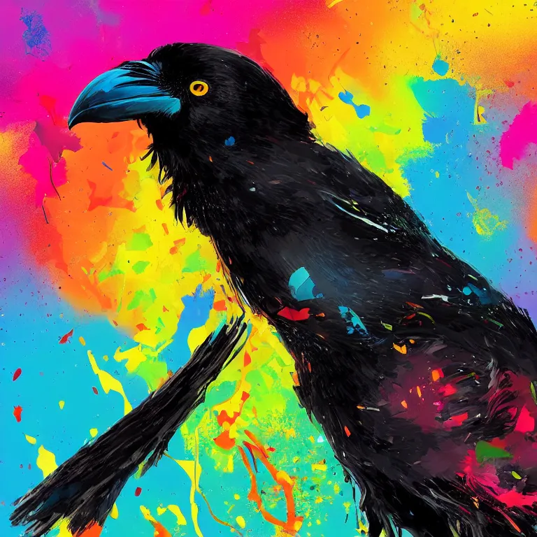 Image similar to colorful illustration of black raven bird in headphones, colorful splatters, by andy wrahol and zac retz and kezie demessance