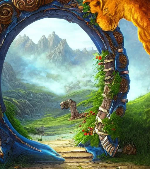 Image similar to A giant medieval fantasy blue energy portal gate with a rusty gold carved lion face at the center of it, the portal takes you to another world, full of colorful flowers on the lost Vibes and mountains in the background, spring, delicate fog, sea breeze rises in the air, by andreas rocha and john howe, and Martin Johnson Heade, featured on artstation, featured on behance, golden ratio, ultrawide angle, f32, well composed, rule of thirds, center spotlight, low angle view-W 1024