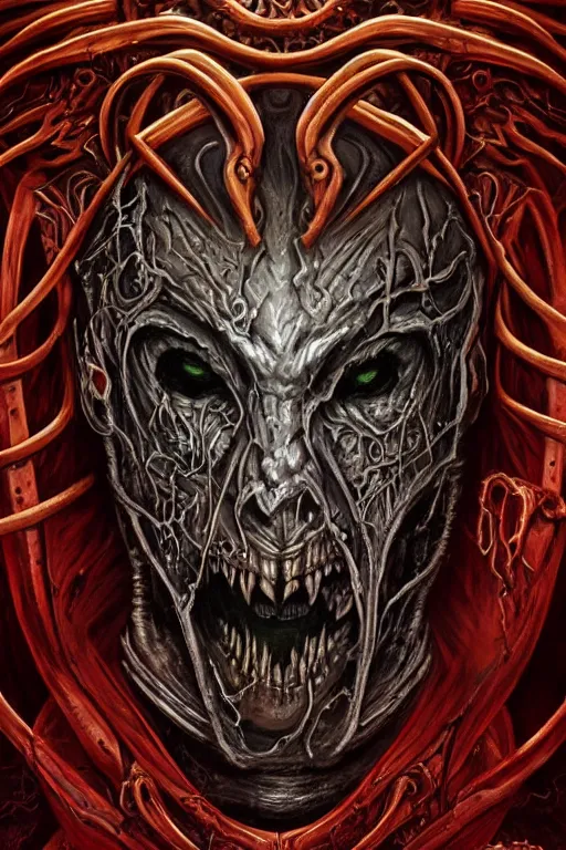 Image similar to Elden Ring and Doom themed painting of majestic crimson biomechanical infernal demon human hybrid beautiful undead angel symmetrical angry mask closeup face angry mask closeup tattoo pattern golden ratio concept, Neo-Gothic concept, infinity glyph waves, intricate artwork masterpiece, very coherent artwork, cinematic, full frontal facial features by Artgerm, art by H.R. Giger, Takato Yamamoto, Zdizslaw Beksinski, Johnatan Wayshak, Moebius, Ayami Kojima, very anatomically coherent artwork, trending on cgsociety, ultra high quality model, production quality cinema model, high detail chromatic ink outline, octane render, unreal engine 8k, hyper realism, high detail, octane render, unreal engine, 8k, High contrast