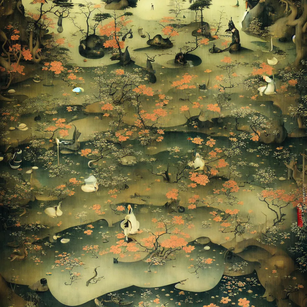 Prompt: Japanese Garden by Hieronymus Bosch and James Jean, Ross Tran, surreal oil painting, highly detailed, dream like, masterpiece