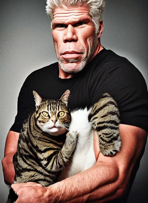 Image similar to photo portrait of super muscular frowning Ron Perlman holding a cat