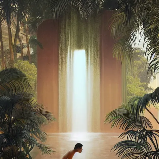 Image similar to waterfall, indoor liminal space, golden light, greg rutkowski, palm trees, pink door, minimalistic, hyperrealistic surrealism, award winning masterpiece with incredible details, epic stunning, infinity pool mirrors, a surreal vaporwave liminal space with mirrors, highly detailed, trending on artstation, artgerm and greg rutkowski and alphonse mucha, daily deviation