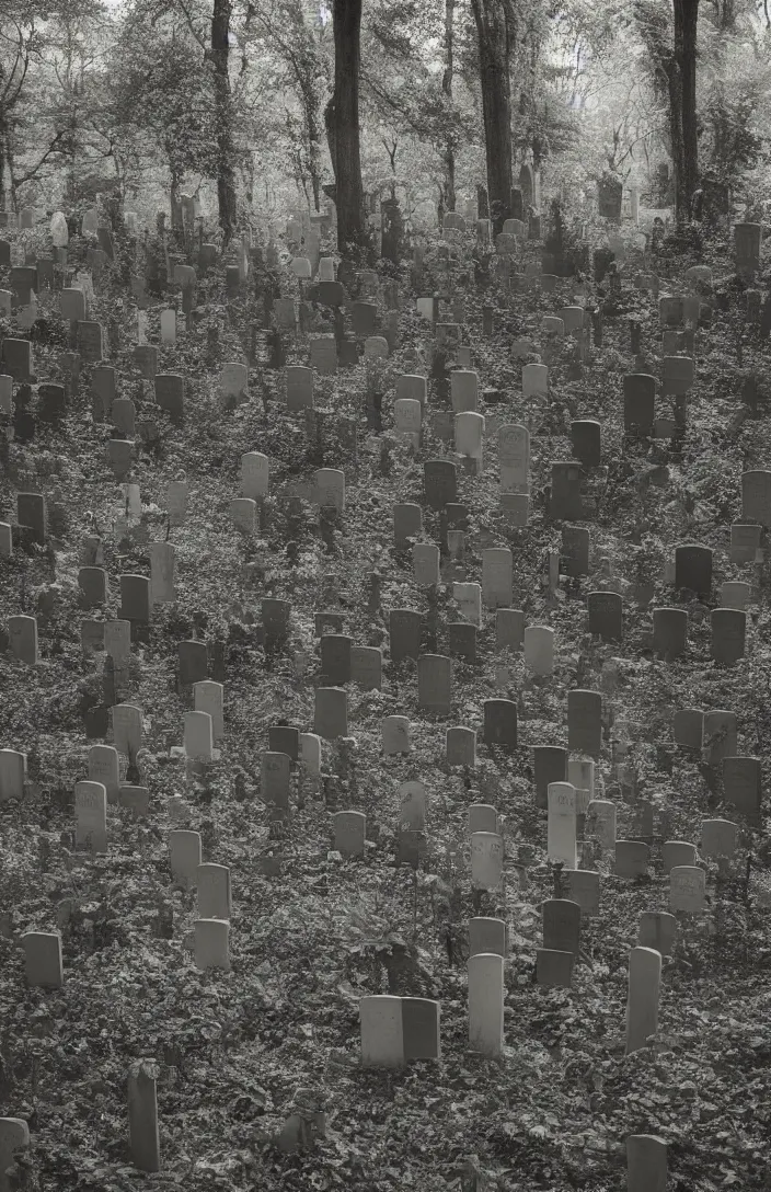 Image similar to A scene of a forested cemetery from a Tim Burton and Wes Anderson movie, style of pinhole photography