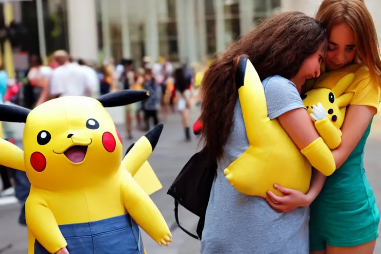 Image similar to a young woman is hugging a life size pikachu