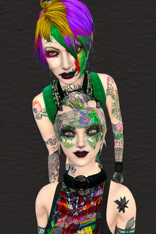 Image similar to portrait of hannah murray as a punk woman with green mohawk, neotraditional tattoos, fishnets, long tartan skirt as delirium of the endless, the sandman, rainbow clothes, second life avatar, the sims 4