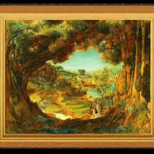 Image similar to A beautiful print of a landscape. It is a stylized and colorful view of an idyllic, dreamlike world with rolling hills, peaceful looking animals, and a flowing river. The scene looks like it could be from another planet, or perhaps a fairy tale. pottery by Gustave Moreau neat