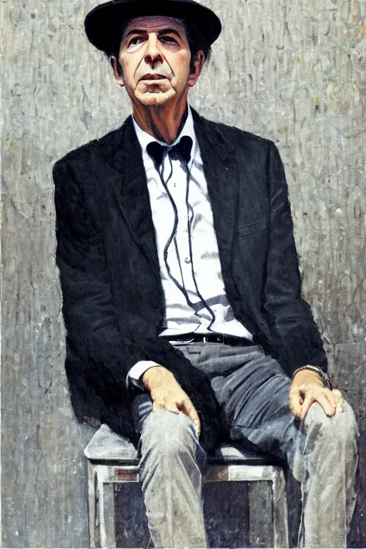 Image similar to portrait of leonard cohen, wearing trilby, immaculately dressed, by Frank McCarthy