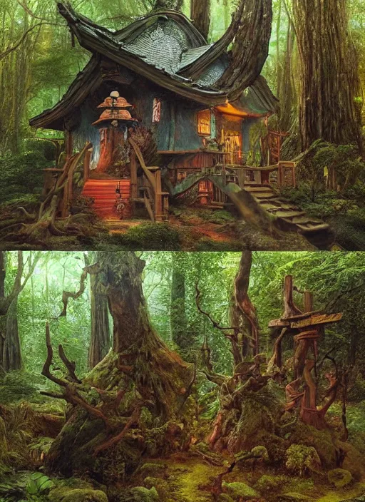 Image similar to hyper realistic witch cottage japanese shrine in the woods gorgeous lighting, highly detailed, lush forest painting by zdzisław beksinski and norman rockwell and greg rutkowskiweta studio, and lucasfilm