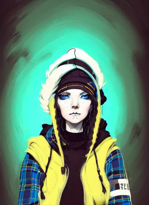 Image similar to highly detailed portrait of a sewer punk lady student, blue eyes, tartan hoody, hat, white hair by atey ghailan, by greg rutkowski, by greg tocchini, by james gilleard, by joe fenton, by kaethe butcher, gradient yellow, black, brown and cyan color scheme, grunge aesthetic!!! ( ( graffiti tag wall background ) )