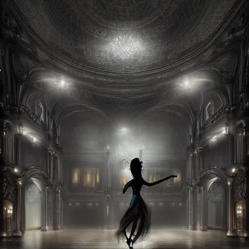 Prompt: digital matte painting of a woman dancing alone in a dark gothic style ballroom, dark dramatic mysterious luis royo, wlop 8 0 mm camera, high detail, hd 8 k