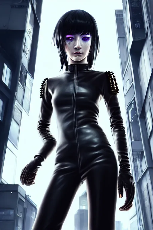Image similar to hyperdetailed very close portrait of a european sixteen years old woman with grey eyes in a leather suit with a pin in a cyberpunk city inspired by ross tran and wlop and masamune shirow and kuvshinov, concept art, intricate, photorealistic, octane render, rtx, hdr, unreal engine, dnd digital art by artgerm
