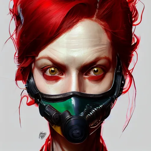 Image similar to skinny pale lady with red hair wearing pizza as a mask, Apex Legends character, digital illustration portrait design, by android jones and greg rutkowski, retrowave color scheme, detailed, cinematic lighting, wide angle action dynamic portrait