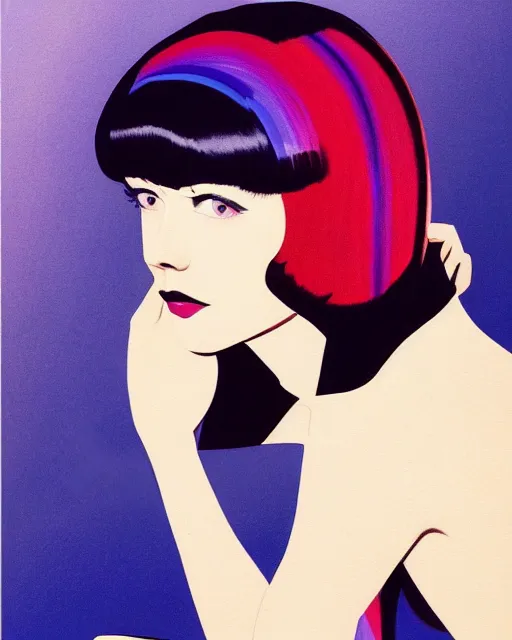 Prompt: colleen moore 2 2 years old, bob haircut, portrait painted by patrick nagel and stanley artgerm, dramatic lighting, sharp rainbow
