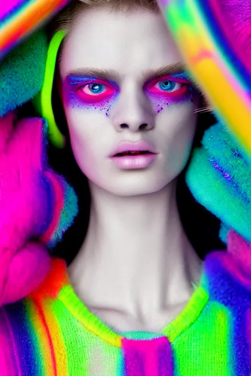 Image similar to stylish pullover for a rave bright colors, many details, photo for a magazine, photo for a store, fashion photography, Vogue, cinematic, hyper realism, high detail, 8k, very coherent symmetrical work, perfect face model, full length photo, Upper and lower body, white eyes, photographer style by Nik Night Erik Madigan Hec and Walter Chin and Camilla Akrans and Miles Aldridge