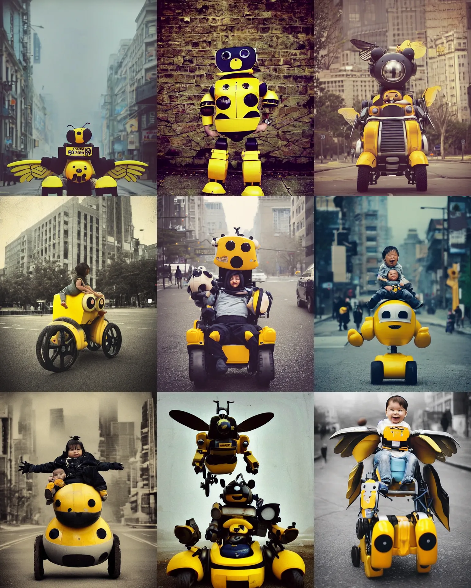 Prompt: cute! epic pose!!! giant oversized battle smiling yellow bee robot black stripes chubby mech baby sport wheelchair! double decker with giant oversized wings and bear babies in sitting pose ,in busy city , full body , Cinematic focus, Polaroid photo, vintage , neutral dull colors, soft lights, foggy mist , by oleg oprisco , by national archives, by discovery channel, by victor enrich , by gregory crewdson