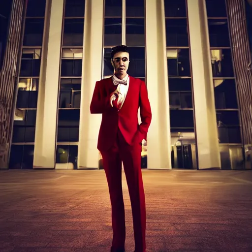 Image similar to a man with an elegant red suit, photography, 3 d render, at night, buildings