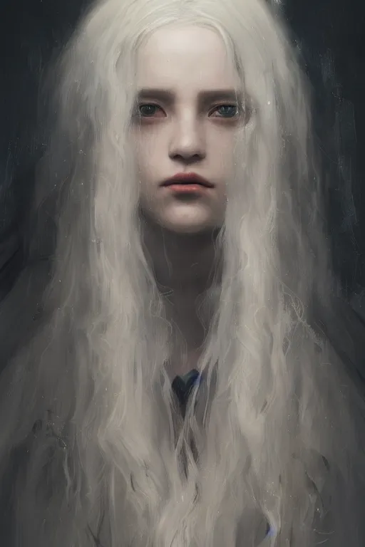 Image similar to a fancy portrait of a young beautiful girl with long white hair by greg rutkowski, sung choi, mitchell mohrhauser, maciej kuciara, johnson ting, maxim verehin, peter konig, bloodborne, 8 k photorealistic, cinematic lighting, hd, high details, dramatic, dark atmosphere, trending on artstation