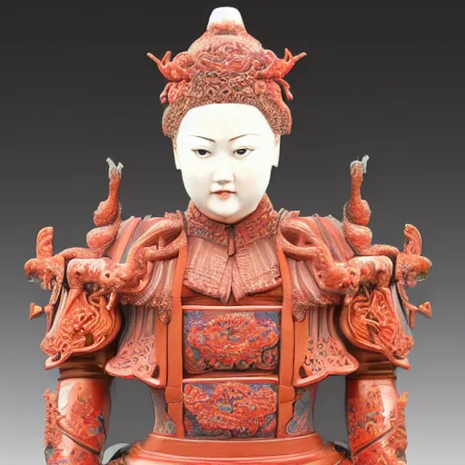 Image similar to museum princess portrait statue monument made from chinese porcelain brush face hand painted with iron red dragons full - length very very detailed by rutkowski symmetrical well proportioned