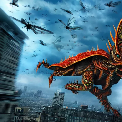 Image similar to giant insect kaiju with wings destroying a city, photo realistic, hyper realistic, extremely detailed