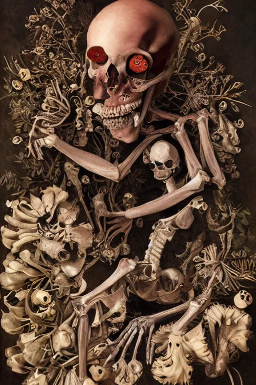 Prompt: an anatomical man with large eyes and lips laying in bed of bones of flowers, he feels an existential dread of love, HD Mixed media, highly detailed and intricate, surreal illustration in the style of Caravaggio, baroque dark art