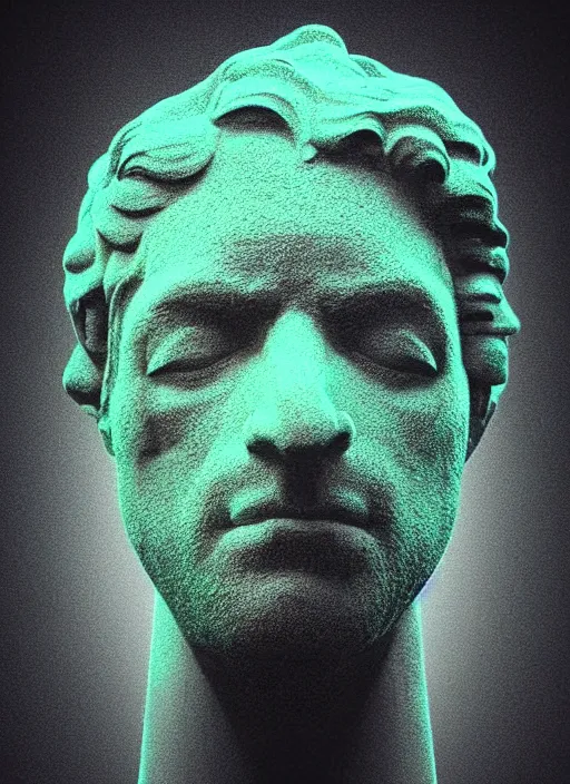 Image similar to statue of hercules, half his face as a skull, beeple, vaporwave, retrowave, abstract neon shapes, tonal separation, black background, glitch, pixel sorting, strong contrast, pinterest, trending on artstation