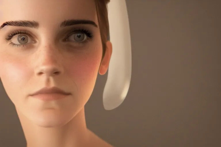 Image similar to a cinematic rendering of a human emma watson face inside lightbulb