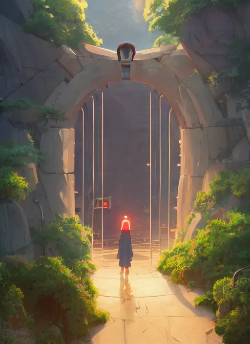 Image similar to warm canyon with giant gate entrance, nuclear powered, detailed, futuristic, cory loftis, james gilleard, atey ghailan, makoto shinkai, goro fujita, studio ghibli, rim light, exquisite lighting, clear focus, very coherent, plain background