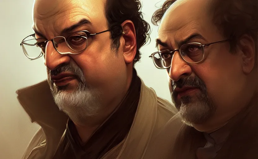 Image similar to portrait of salman rushdie, deep focus, d & d, fantasy, intricate, elegant, highly detailed, digital painting, artstation, concept art, matte, sharp focus, illustration, art by artgerm and greg rutkowski and alphonse mucha