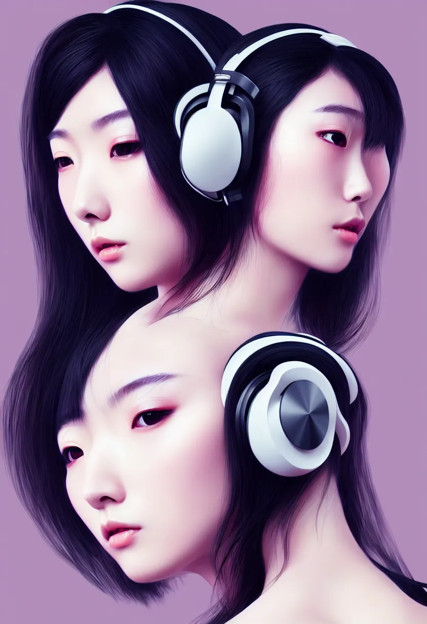 Image similar to japanese young woman waist up portrait, headphones listening to music, elegant as fashion editorial shot, highly detailed, smooth, sharp focus, dramatic lighting, volumetric lighting, cinematic lighting, art by artgerm and and wlop