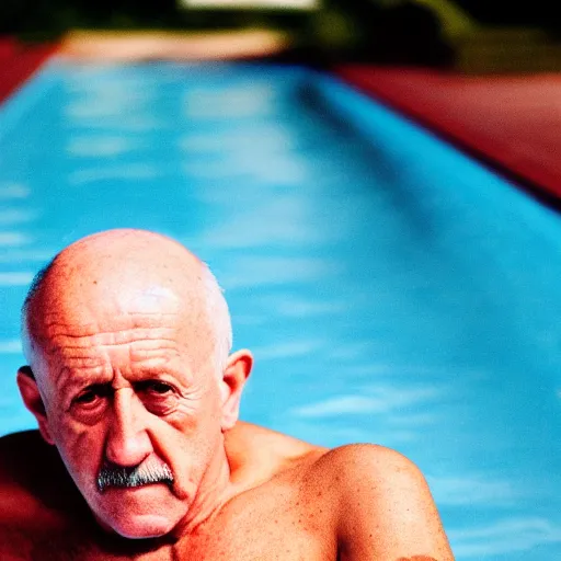 Image similar to mike ehrmantraut in a swimming pool, photography, 3 5 mm lens, 8 k,