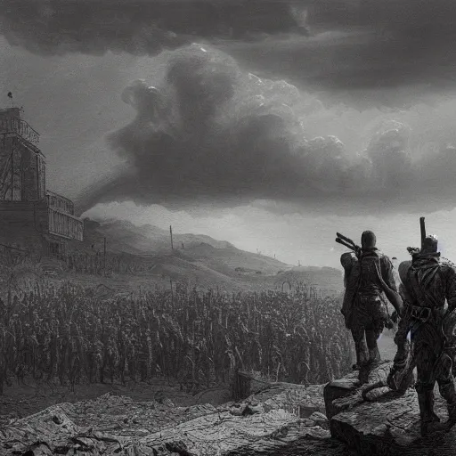 Image similar to apocalyptic landscape, fallout, soldiers, people in gasmasks, dark clouds, dark, eerie, dystopian, city, end times, illustration by Gustave Doré