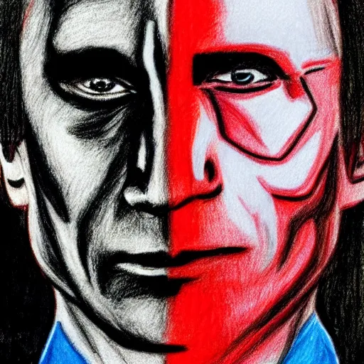 Image similar to Colored crayon drawing of Vladimir Putin as the terminator, half robotic face, red eyes glowing