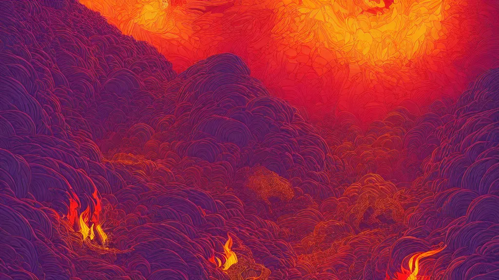 Image similar to highly detailed illustration of an amazing colorful fire in the middle of the night by kilian eng, moebius, nico delort, oliver vernon, joseph moncada, damon soule, manabu ikeda, kyle hotz, dan mumford, otomo, 4 k resolution