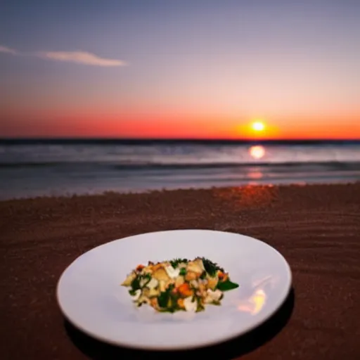 Prompt: professional photo of an empty white dish over a table with a sunset on the beach in the background