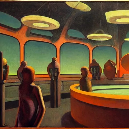 Image similar to three brutalist robotic seers watchers oracles soothsayers inside a dome, pj crook, grant wood, edward hopper, syd mead, chiaroscuro, oil on canvas