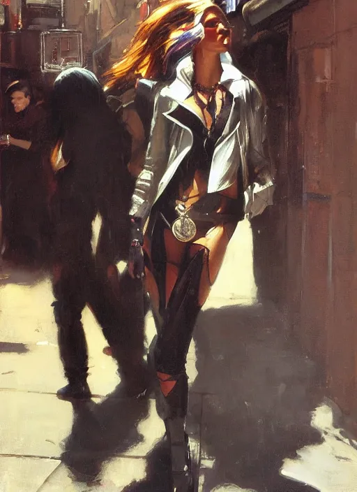 Prompt: androgynous glam rocker outside cbgb in the style of phil hale, sfumato Orientalist portrait by john william waterhouse and James Gurney and Theodore Ralli and Nasreddine Dinet, Syd Mead, Phil Hale, oil on canvas. Cinematic, hyper realism, realistic proportions, dramatic lighting, high detail 4k