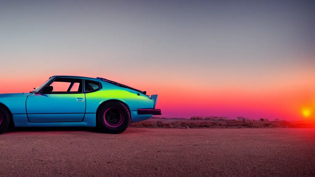 Image similar to neon synthwave datsun 4 2 0 z, at sunset, 8 k. filling most of the view