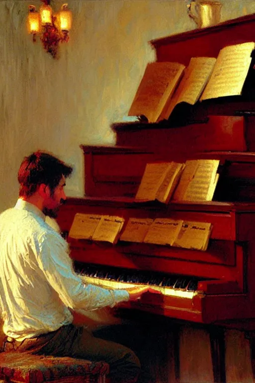 Image similar to attractive man, playing piano, painting by gaston bussiere, craig mullins