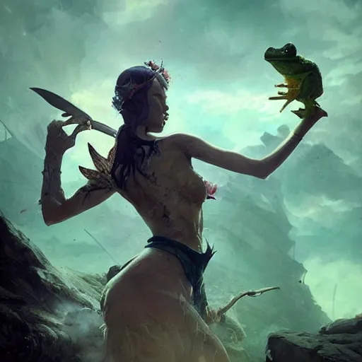 Prompt: scary godlike fairy killing a frog , petite , upper body , epic , traditional makeup , gorgeous features , Post-processing , low angle , Greg rutkowski legendary matte painting , masterpiece