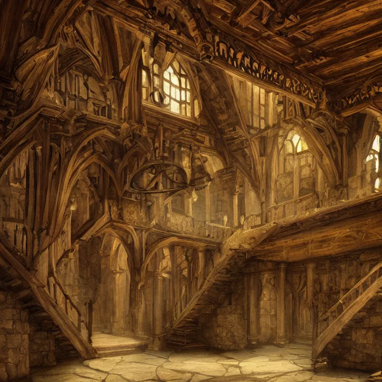 Image similar to a detailed painting of a medieval hall with wooden walls, big marble statue and staircase to the second floor. fantasy poster. lord of the rings style. cinematic fantasy scene. fantasy. carl spitzweg. renaissance elements. renaissance element. oil painting. award winning. trending on artstation. 8 k