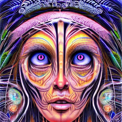 Prompt: A old native shaman woman with big beatiful eyes and a all seeing eye on the forehead in a amazon forrest by alex grey, digital anime art, intricate, 4k