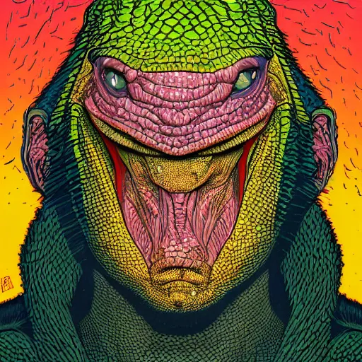 Image similar to portrait of lizard man removing human skin mask by Dan Mumford and Josan Gonzalez, ultra detailed, hyper realism