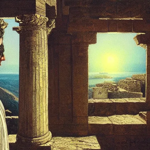 Prompt: pretty robot android Persian woman looking out of her Persian balcony towards greek ruins of temples at sunset. Painting by Gustav Dore. Colored painting.